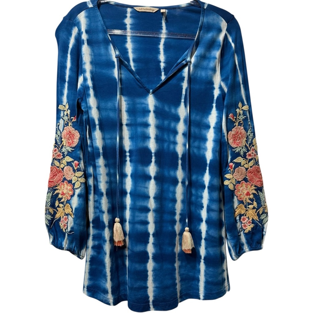 Soft Surroundings Even Waves Embroidered Blue Tie Dye Tunic Shirt Size Small‎